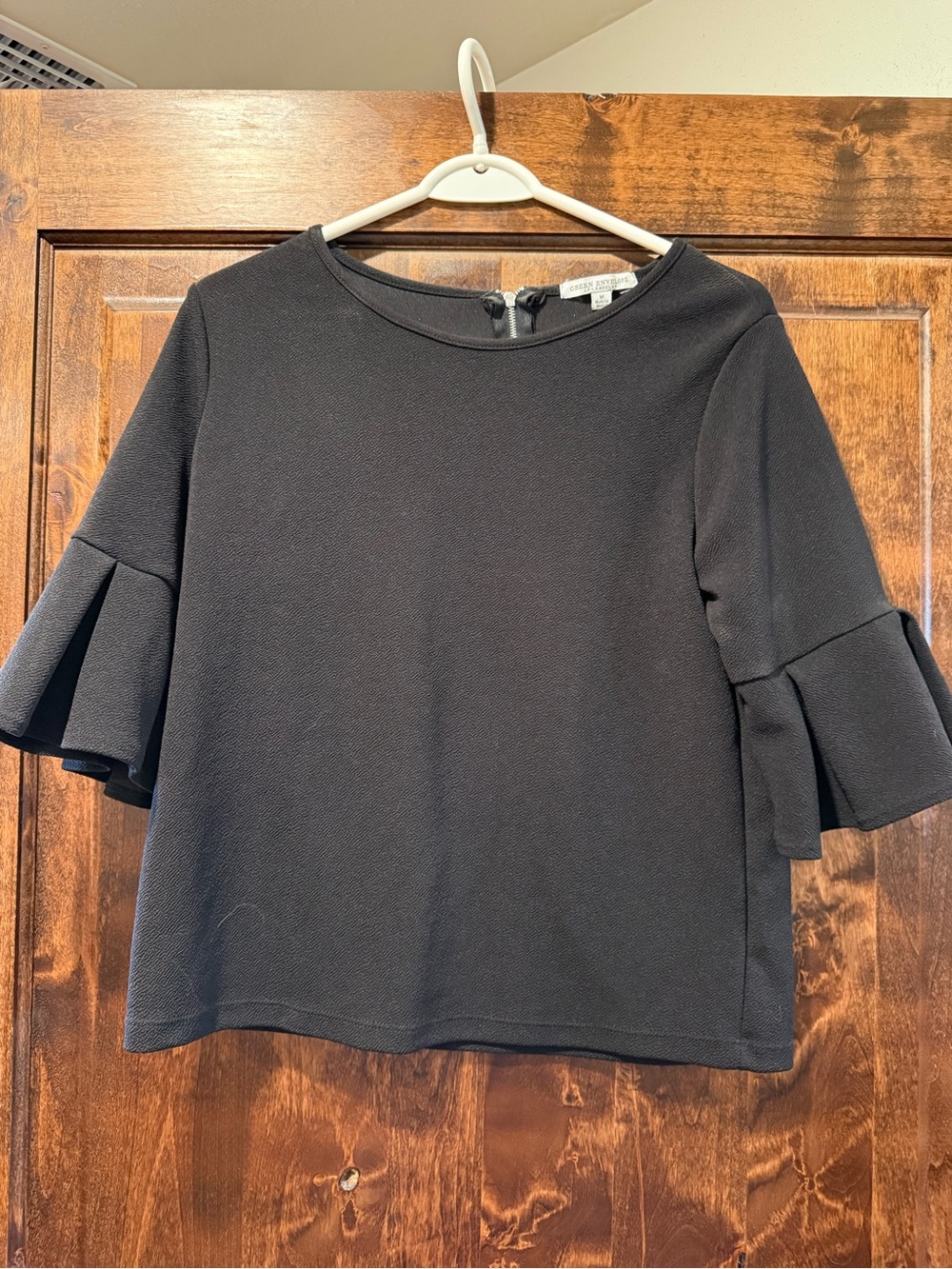 Green Envelope Black Ruffle Sleeve Blouse